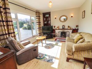 a living room with a couch and a fireplace at Gap of Dunloe in Derrylea