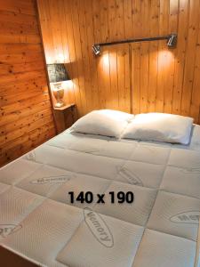 a bedroom with two beds and a wooden wall at les Genêts in La Bresse