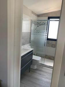 y baño con aseo, lavabo y ducha. en Casa ILEANA, en Sanlúcar de Barrameda