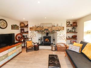 a living room with a fireplace and a couch at Lynchpin Cottage in Bruff