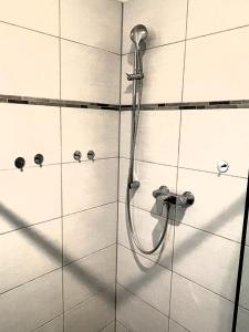 een douche met een douchekop in de badkamer bij Ferienwohnung Fallersleben in Weimar in Weimar