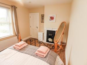 um quarto com uma cama e uma lareira em Meadow View em Ennis