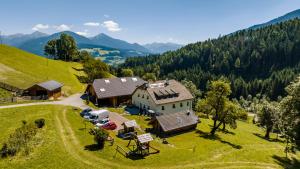 an aerial view of a large house on a grassy hill at Apartments Perfila Ferienchalet in Valdaora