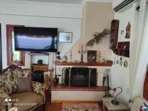 a living room with a fireplace and a flat screen tv at MESONISI maisonette in Afissos