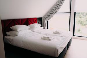 a bedroom with a large bed with white sheets and pillows at Anaberg in Nowa Ruda