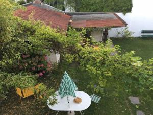 a garden with a table with a tree on it at Appartement en rez de jardin in Ciboure