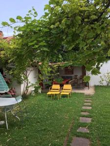 a group of chairs and a table under a tree at Appartement en rez de jardin in Ciboure