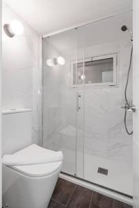 a white bathroom with a shower and a toilet at Beautiful and cosy flat La Latina-Rastro-IZQ in Madrid