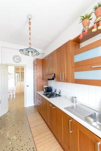 een grote keuken met houten kasten en een spoelbak bij Portuense1499 in Ponte Galeria