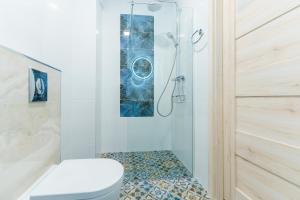 a bathroom with a shower and a toilet at Apartament Słoneczny Ku Morzu by HolidaySun in Sianozety