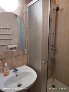 uma casa de banho com um lavatório e um chuveiro com um espelho. em Villa Zosia em Rowy