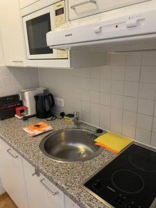 eine Küchentheke mit Spüle und Mikrowelle in der Unterkunft Apartment next to Mariahilferstr in Wien