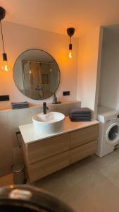 a bathroom with a sink and a mirror and a washing machine at Römer Apartment und Zimmer in Türkheim