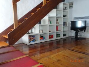 sala de estar con estanterías blancas y TV en Casa Sonnenberg en Bosco Gurin