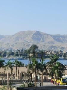 vistas a una ciudad con palmeras y una montaña en happy home en Luxor