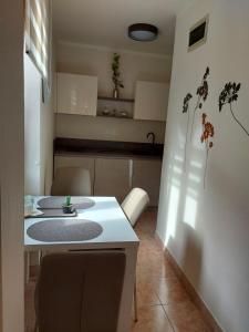 a kitchen with a table with chairs and a counter top at Old city apartment in Rovinj