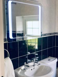 W łazience znajduje się umywalka, lustro i toaleta. w obiekcie Picturesque Riverview Cottage Pettigo w mieście Pettigoe