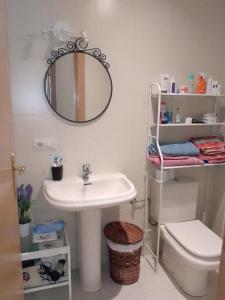 La salle de bains est pourvue d'un lavabo, de toilettes et d'un miroir. dans l'établissement Los 7 puentes, à Ezcaray