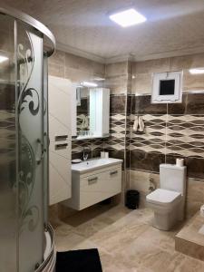 La salle de bains est pourvue de toilettes, d'un lavabo et d'une douche. dans l'établissement Cottage Samanli, à Yalova