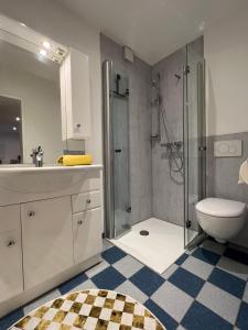 a bathroom with a shower and a toilet and a sink at Glads Apartment in Feldkirch