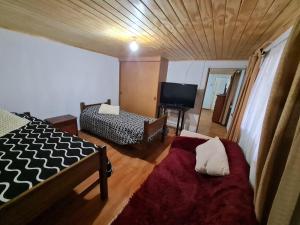 a room with a bed and a couch and a television at Arriendo Los Vilos, Central in Los Vilos