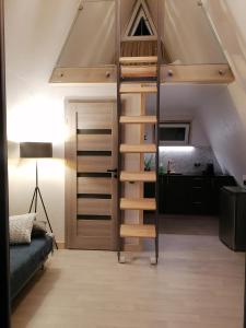 a loft bed with a ladder in a room at Rose Valley Cottage in Ieriķi