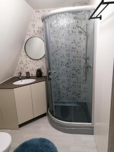 a bathroom with a shower and a sink at Rose Valley Cottage in Ieriķi
