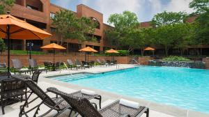 a swimming pool with chairs and umbrellas next to a building at DoubleTree Suites by Hilton Charlotte/SouthPark in Charlotte