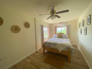 1 dormitorio con 1 cama y ventilador de techo en Coral Cottage of Prospect, en Kingstown