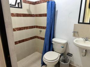 La salle de bains est pourvue de toilettes et d'un lavabo. dans l'établissement LA VILLA DE LA ABUELA, à San Cristóbal de Las Casas