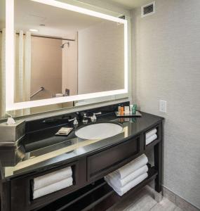 a bathroom with a sink and a large mirror at The Saratoga Hilton in Saratoga Springs