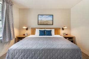 a bedroom with a large bed with blue pillows at InTown Suites Extended Stay Greensboro NC - Airport in Greensboro