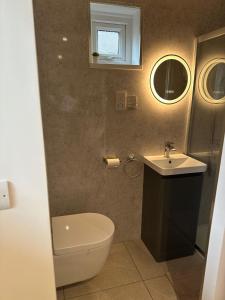 a bathroom with a toilet and a sink and a mirror at Nice and Cosy Studio in Bristol