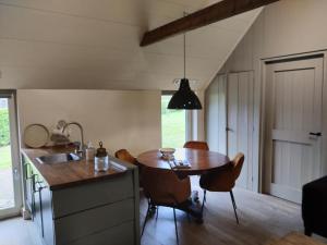 a kitchen with a table and chairs and a sink at Gastenverblijf Lheederhof Lodges in monumentale boerderij in Dwingeloo