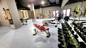 een fitnessruimte met diverse fitnessapparatuur in een kamer bij Arboro Flora Residence Studio in Borovets