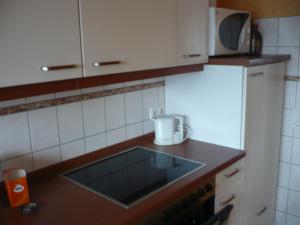 a kitchen counter with a sink and a microwave at Ferienwohnung „An der olen Au“ in Tönnhausen