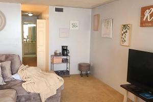 a living room with a couch and a flat screen tv at Aliki Atrium Beachfront Condo in Ormond Beach