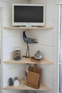 une étagère avec une télévision et un oiseau sur elle dans l'établissement lodge avec vue sur la rivière, à Lannion