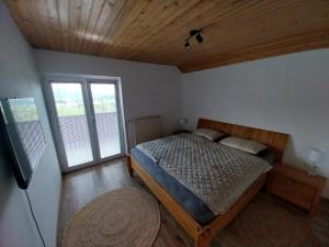 ein Schlafzimmer mit einem Bett und zwei Fenstern in einem Zimmer in der Unterkunft Apartments at Klemen in Zgornje Gorje