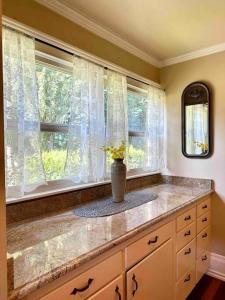 a kitchen with a window with a vase on a counter at Historical Home, near wineries, weddings & shops in Snohomish