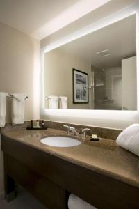 a bathroom with a sink and a large mirror at Embassy Suites Cleveland - Beachwood in Beachwood