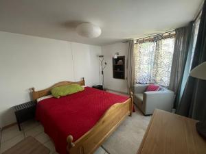 a bedroom with a red bed and a couch at Chambre atypique in Saint-Blaise