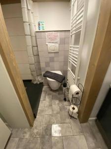 een kleine badkamer met een toilet en een tegelvloer bij Apartament in stil unic langa Primaria Arad in Arad