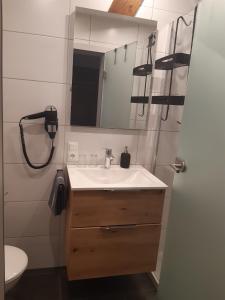a bathroom with a sink and a mirror and a toilet at Weingut Engelhardt in Röttingen +17 photos