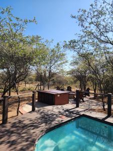 a swimming pool with a building and trees in the background at Crimson Bush Lodge in Klipdrift