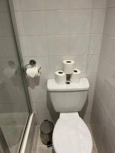 La salle de bains est pourvue de toilettes et de 2 rouleaux de papier toilette. dans l'établissement Studio Apartment South Kensington, à Londres