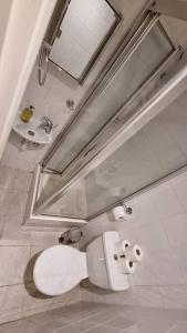 La salle de bains est pourvue de toilettes blanches. dans l'établissement Studio Apartment South Kensington, à Londres