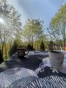 two coffee cups sitting on top of a table at Villa Piano - Cheerful 3-bedroom villa with BBQ grill in Novoberdo