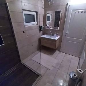 a bathroom with a shower and a sink and a mirror at Villa Piano - Cheerful 3-bedroom villa with BBQ grill in Novoberdo