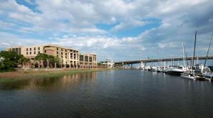 einen Yachthafen mit Booten im Wasser neben einem Gebäude in der Unterkunft Hilton Garden Inn Charleston Waterfront/Downtown in Charleston